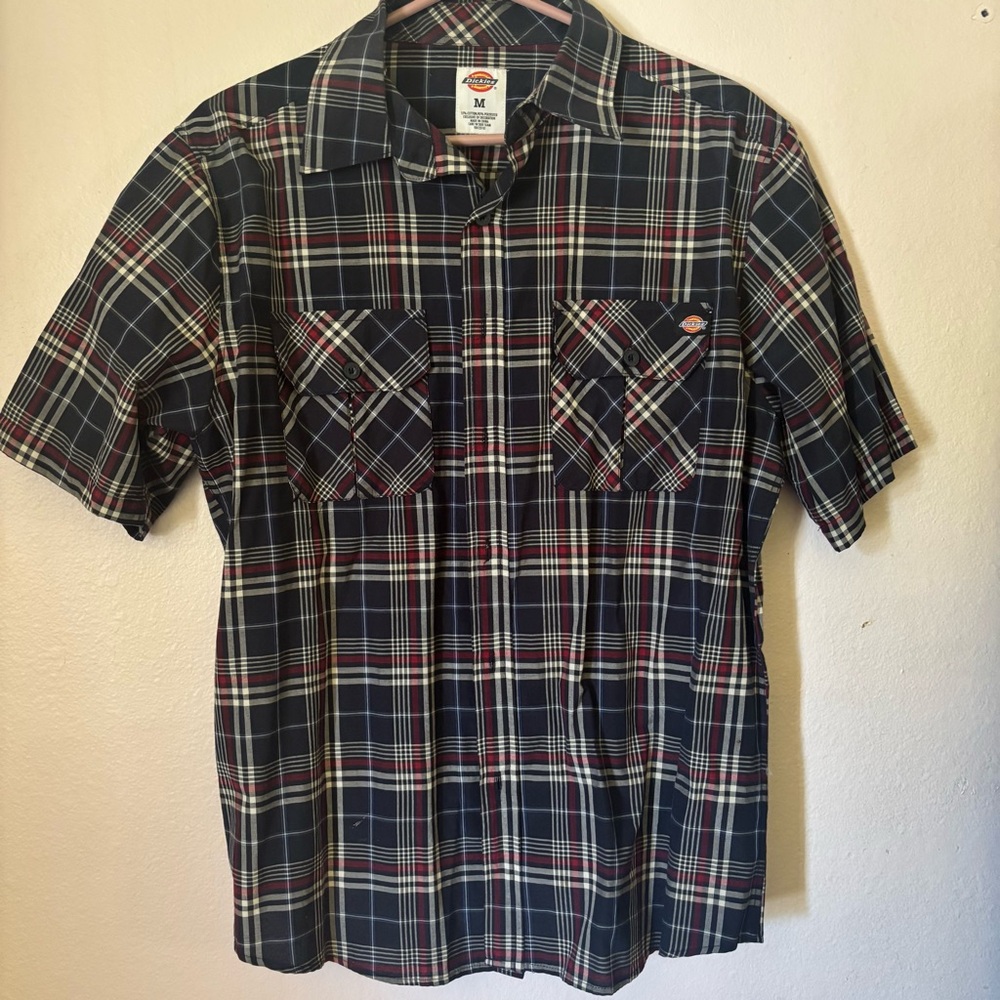 Dickies Navy and Red Plaid Short-Sleeve Button-Down Shirt